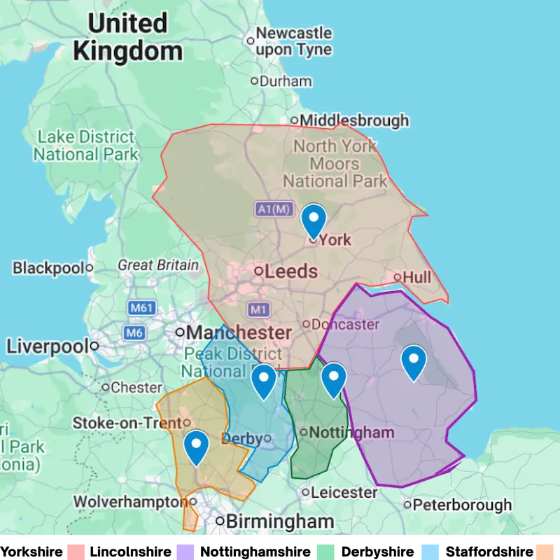 Map displaying service areas covered by Bluepoint Fire Safety. Derbyshire, Nottinghamshire, Staffordshire, Lincolnshire, Yorkshire.
